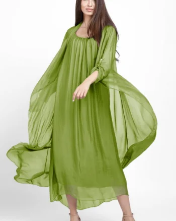 Blazer dama lung din matase, croi fluid pentru layering, verde oliv