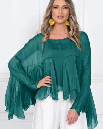 Bluza din matase naturala si vascoza cu volane tip cascada, croi lejer, turcoaz inchis