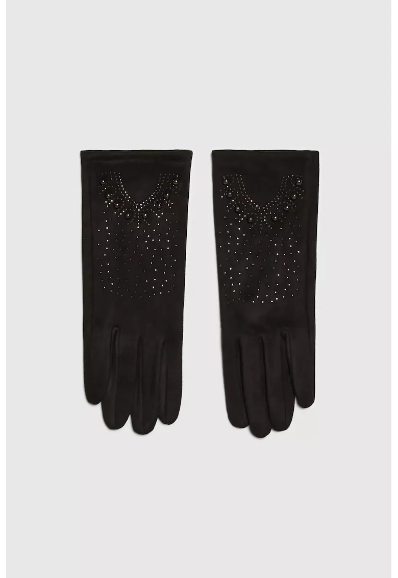 Manusi femei  negru, unisex, cu captuseala din blana, detalii cu zirconii