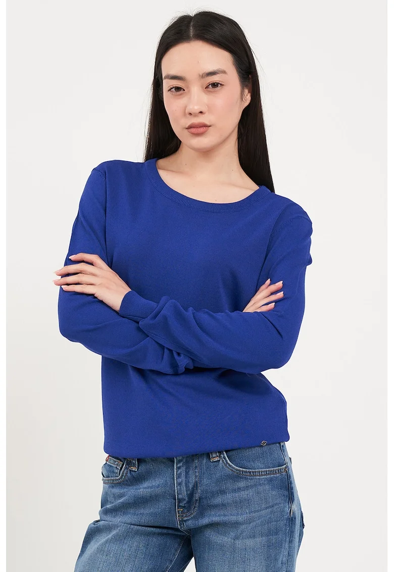 Pulover tricotat fin cu model uni, Albastru inchis