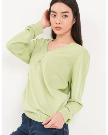 Pulover tricotat fin cu decolteu in V, Verde pal
