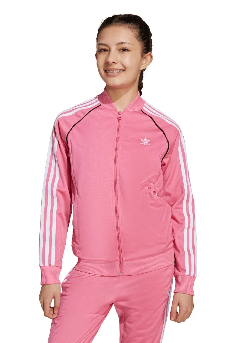Bluza de trening cu fermoar si broderie logo, Alb/Roz pastel