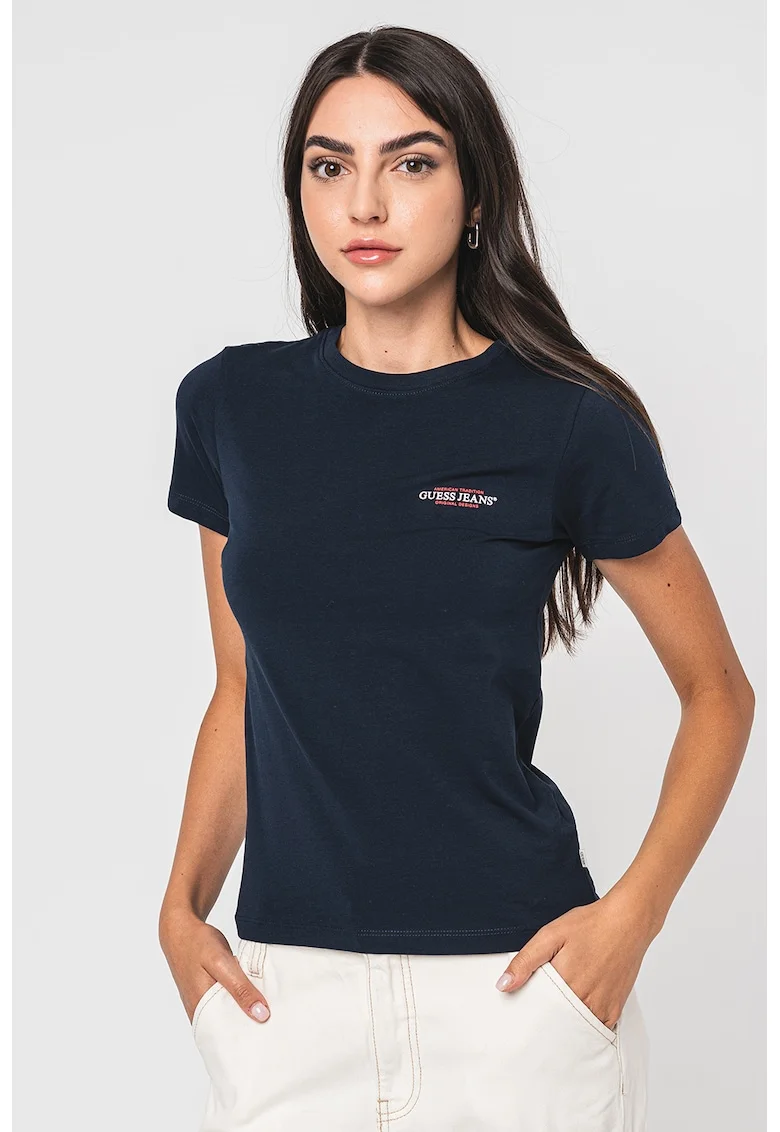 Tricou slim fit cu decolteu la baza gatului, Bleumarin