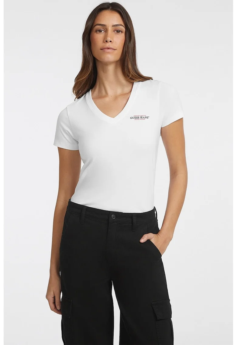 Tricou slim fit cu decolteu in V America, Alb
