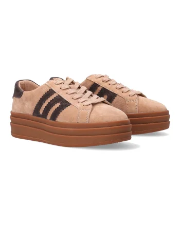 Pantofi sport flatform din piele intoarsa, Maro nisip