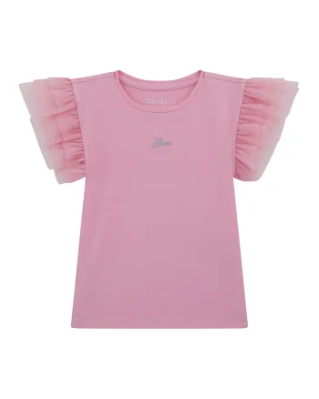 Tricou din amestec de bumbac cu maneci cu volane, Roz