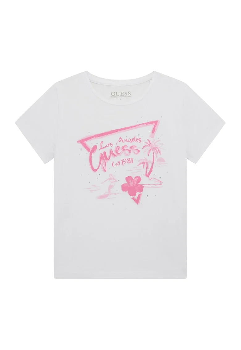 Tricou cu decolteu la baza gatului si imprimeu logo, Alb/Roz deschis