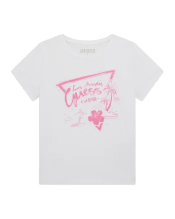 Tricou cu decolteu la baza gatului si imprimeu logo, Alb/Roz deschis