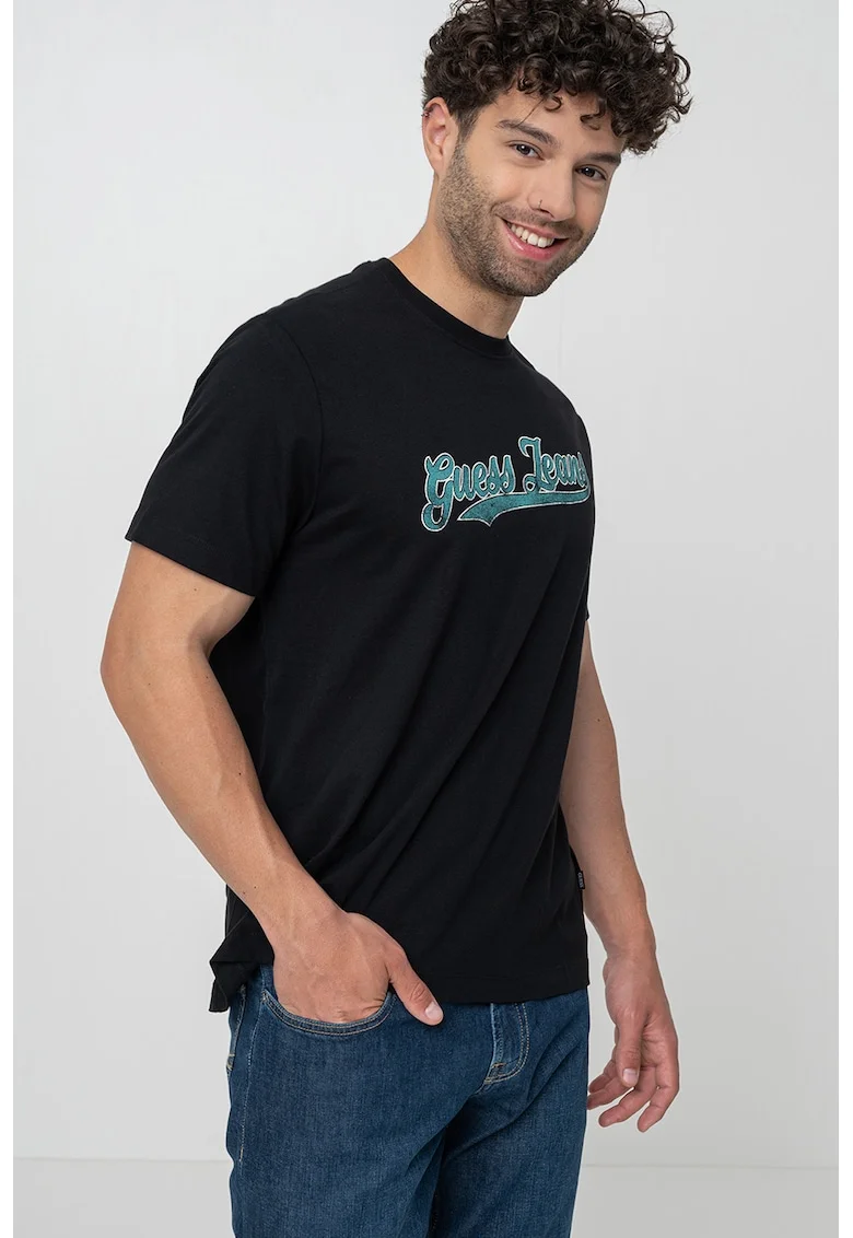 Tricou de bumbac cu decolteu la baza gatului, Negru/Verde persan