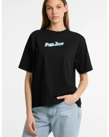 Tricou lejer cu logo pe piept, Negru/Turcoaz