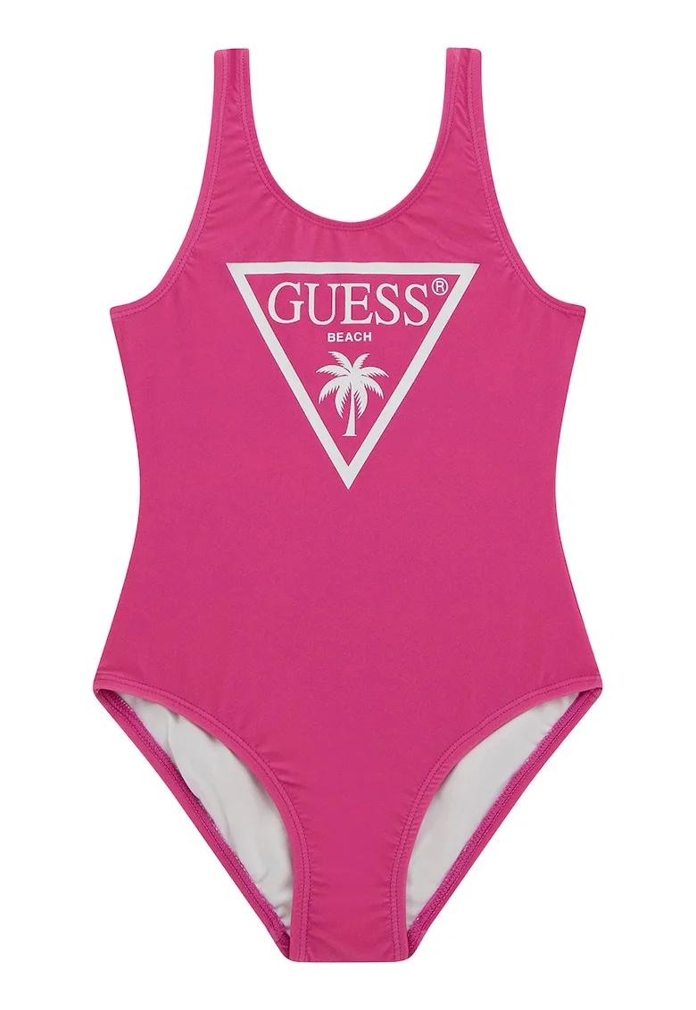Costum de baie intreg cu logo, Fucsia/Alb murdar