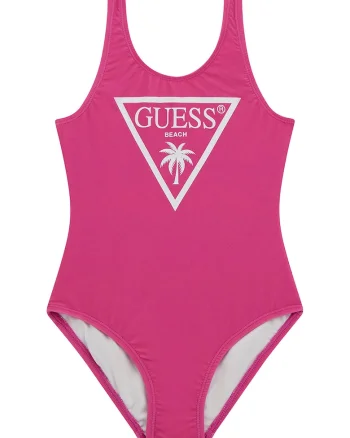 Costum de baie intreg cu logo, Fucsia/Alb murdar