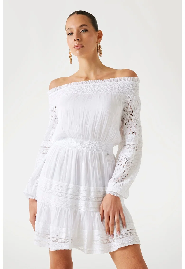 Rochie mini din amestec de matase cu decolteu pe umeri, Alb
