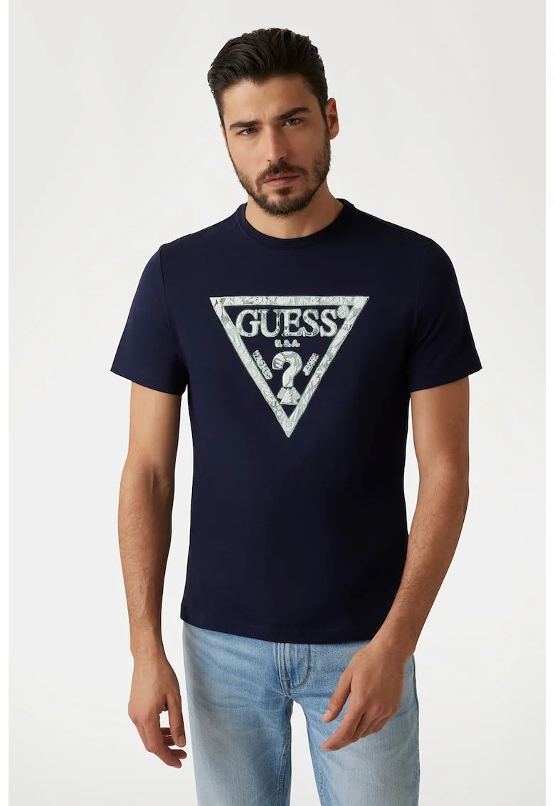 Tricou slim fit cu imprimeu logo, Gri cenusiu/Bleumarin