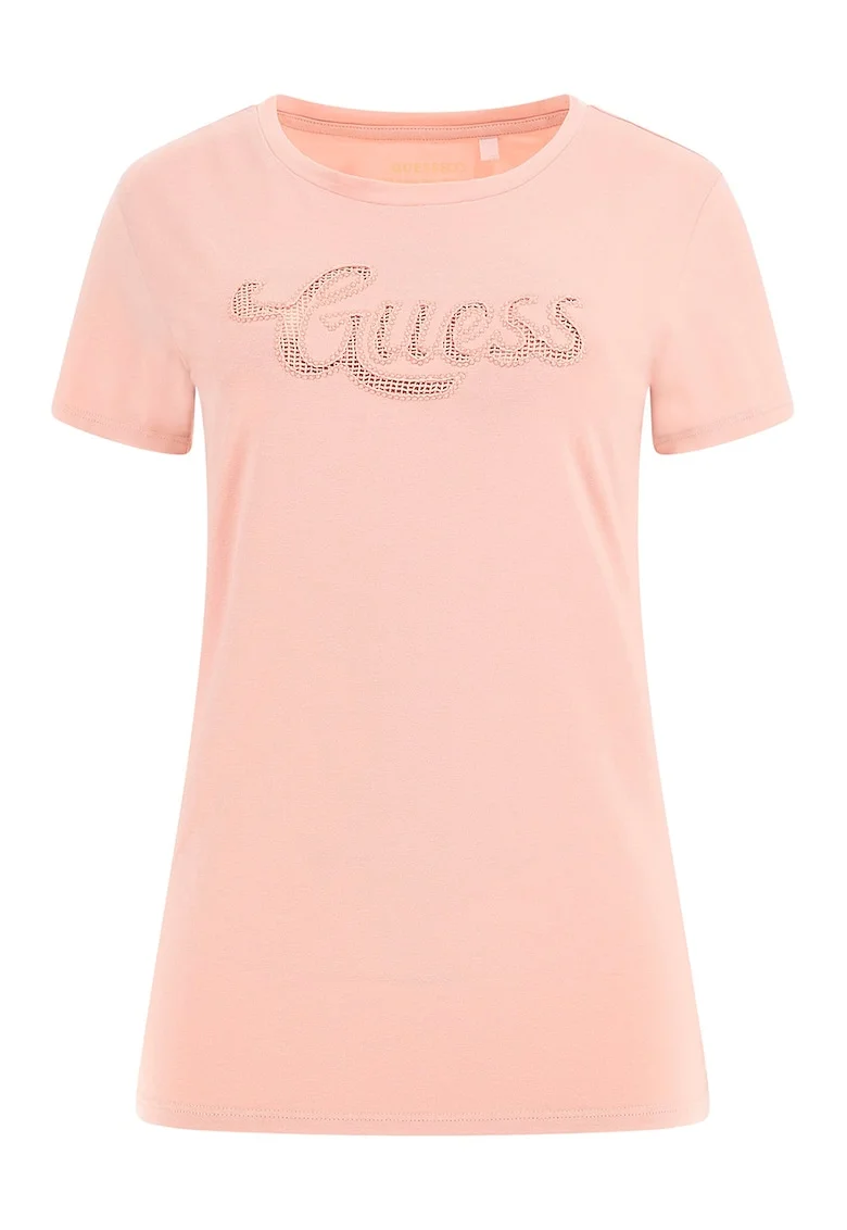 Tricou cu decolteu la baza gatului si logo pe piept, Piersica