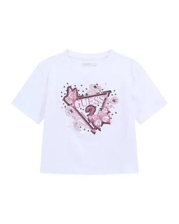 Tricou cu broderie logo si paiete, Alb/Roz deschis
