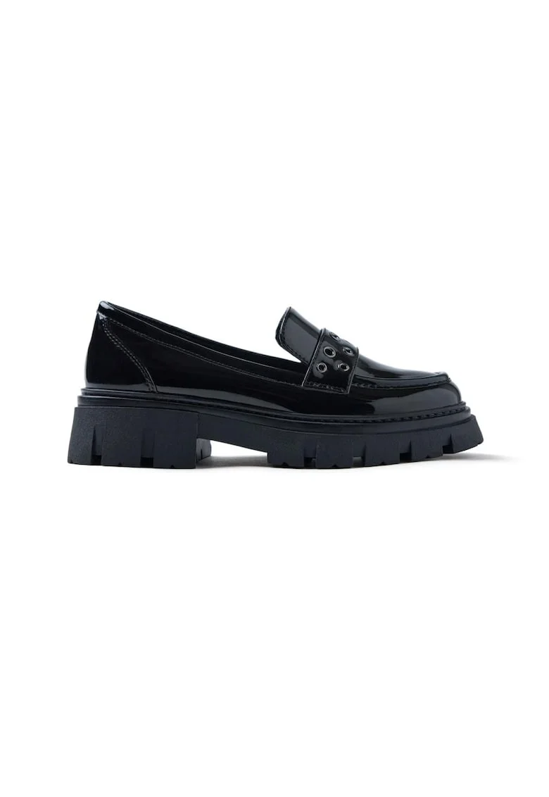 Pantofi loafer de piele ecologica cu aspect lacuit, Negru
