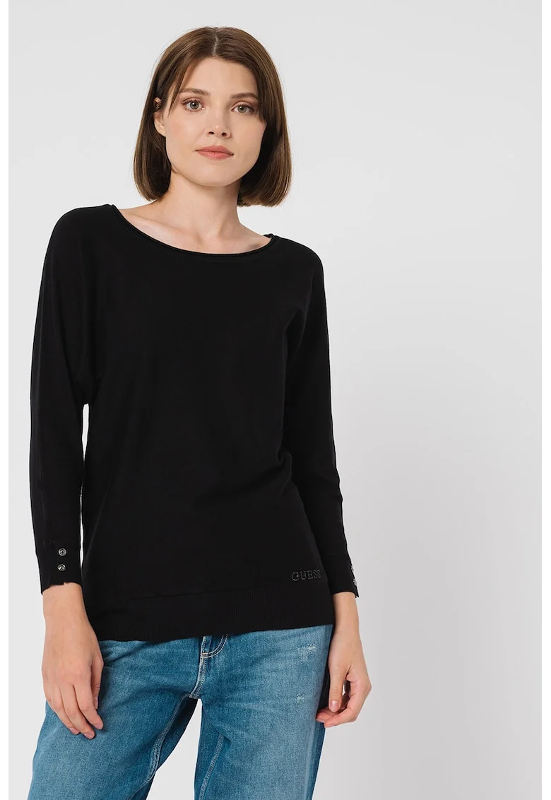 Pulover tricotat fin cu decolteu rotund, Negru