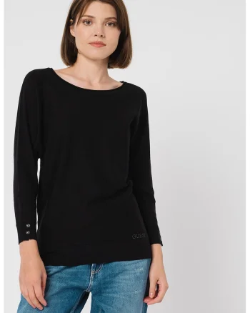 Pulover tricotat fin cu decolteu rotund, Negru