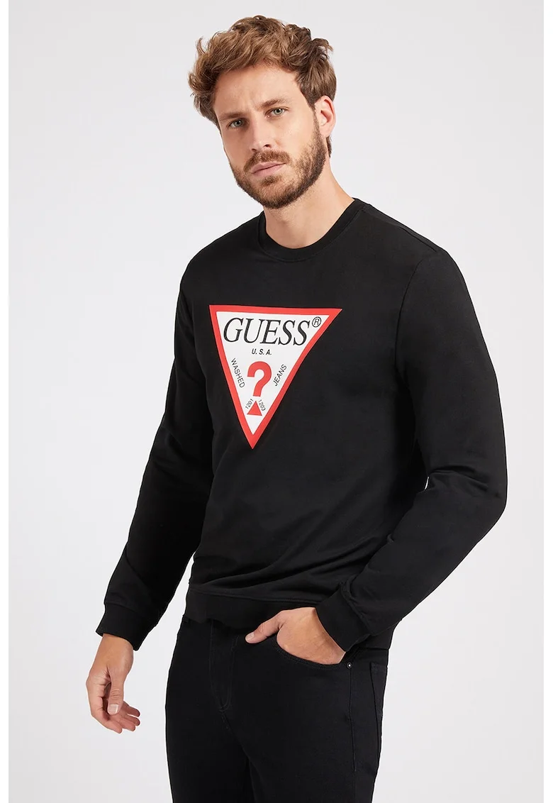 Bluza sport cu imprimeu logo si decolteu la baza gatului, Alb/Negru