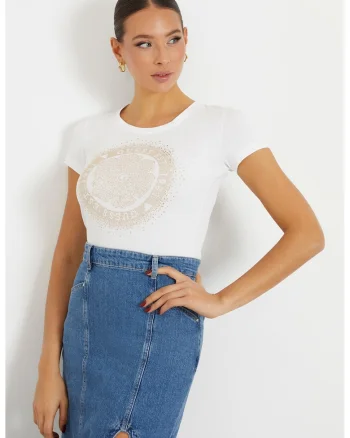 Tricou din amestec de bumbac cu aplicatii cu strasuri, Crem