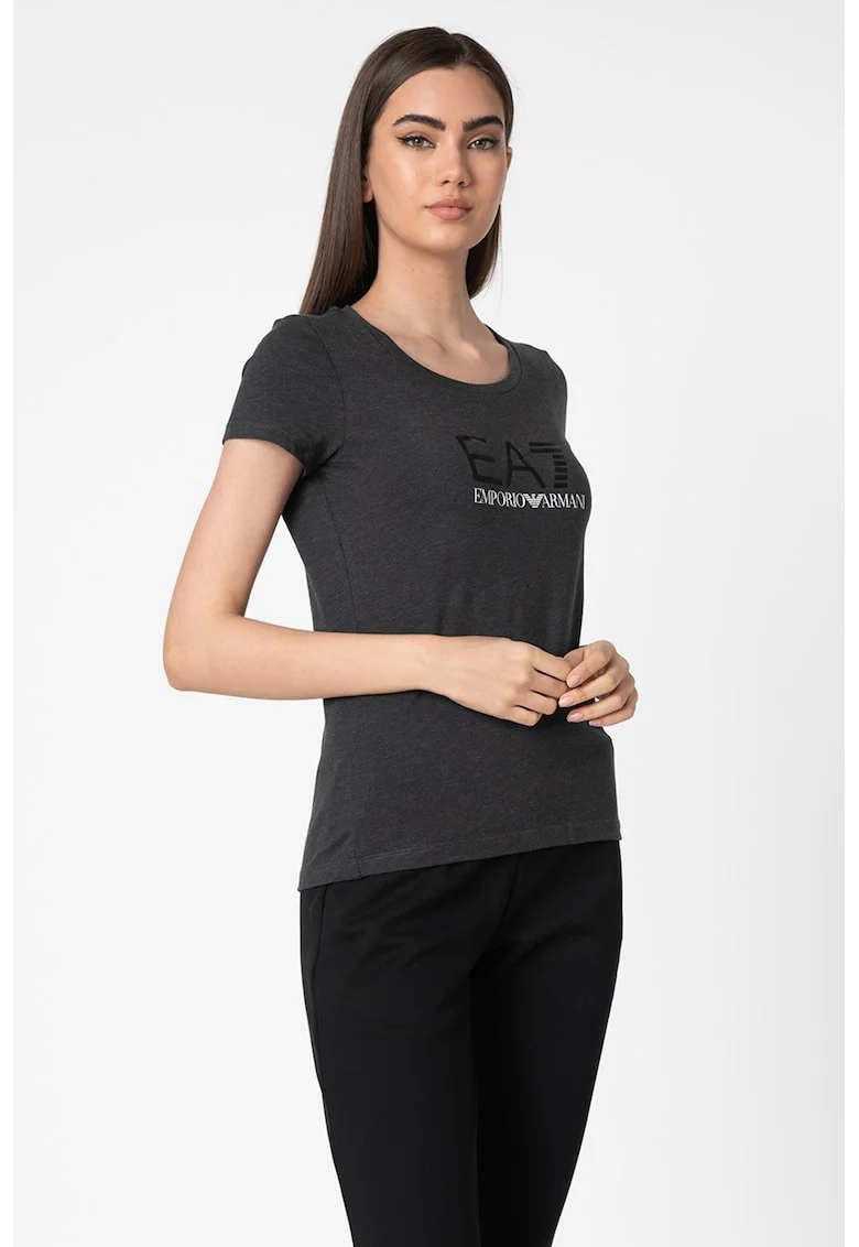 Tricou cu decolteu rotund si logo, Gri inchis melange