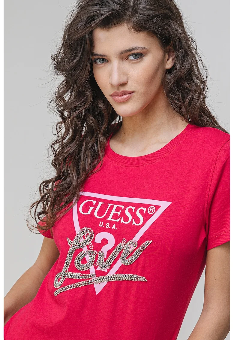 Tricou de bumbac cu strasuri, Fucsia/Argintiu