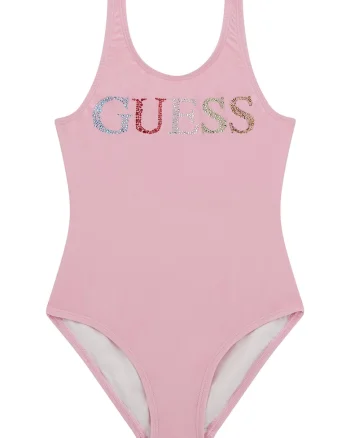 Costum de baie intreg cu logo din strasuri, Roz pastel