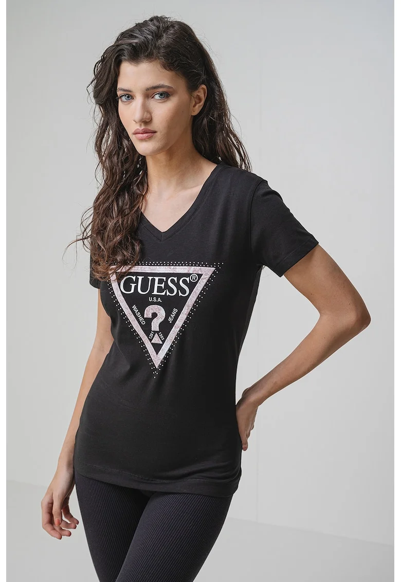 Tricou slim fit cu decolteu in V, Negru/Gri deschis/Bej