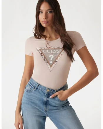 Tricou cu decolteu rotund si imprimeu logo, Alb murdar/Roz prafuit