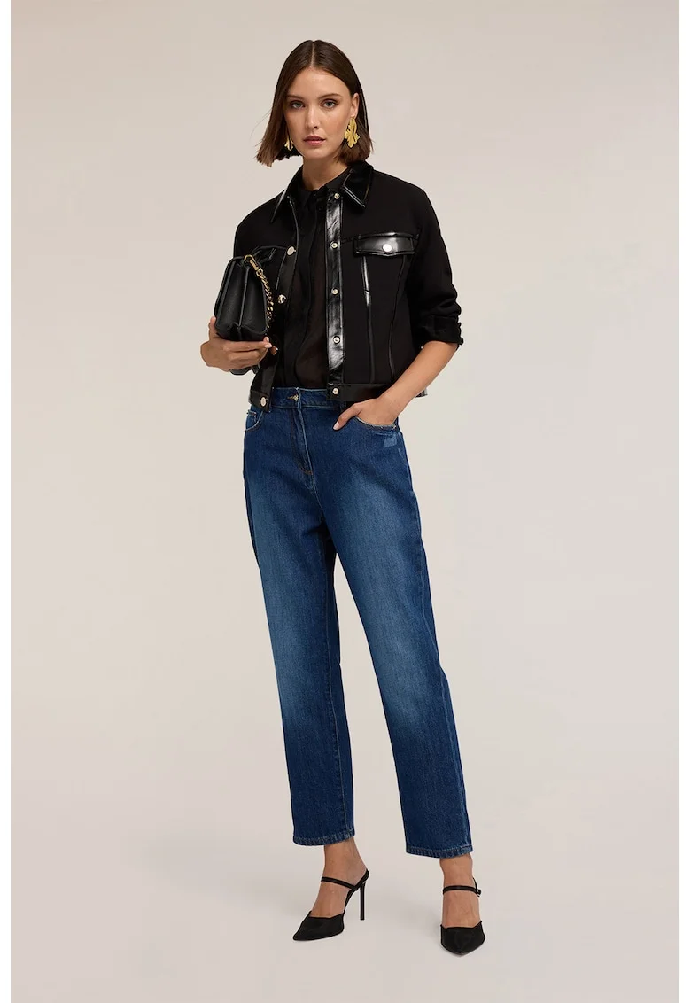 Blugi crop cu talie medie, Albastru melange