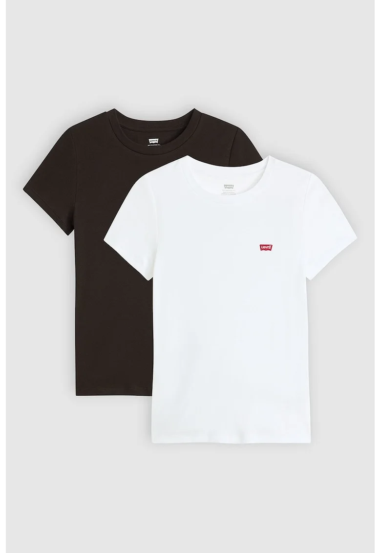 Set de tricouri slim fit de bumbac cu decolteu rotund - 2 piese, Alb/Maro inchis