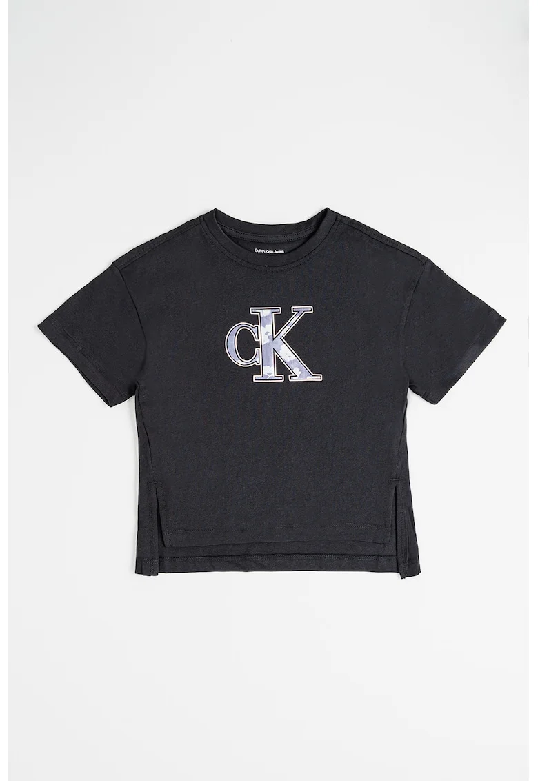 Tricou cu decolteu la baza gatului si imprimeu logo, Negru/Roz/Violet pruna