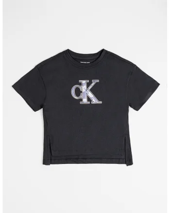 Tricou cu decolteu la baza gatului si imprimeu logo, Negru/Roz/Violet pruna