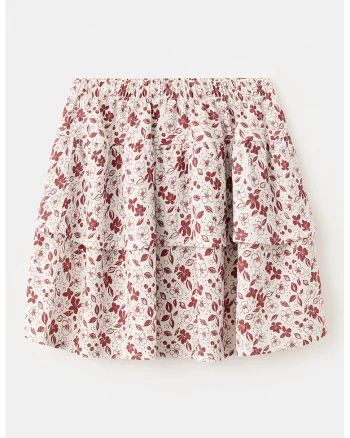 Fusta cu volane si imprimeu floral, Alb/Visiniu