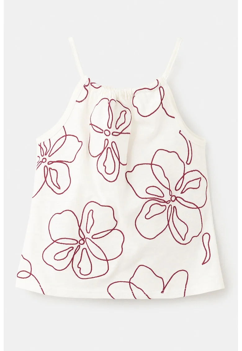 Top de bumbac cu broderie florala, Rosu/Alb fildes