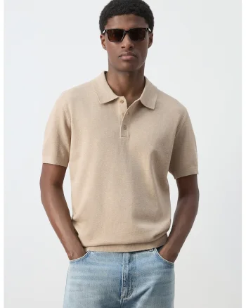 Tricou polo din amestec de bumbac cu model uni, Bej
