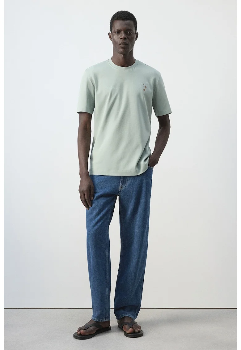 Tricou din bumbac cu decolteu la baza gatului, Verde turcoaz