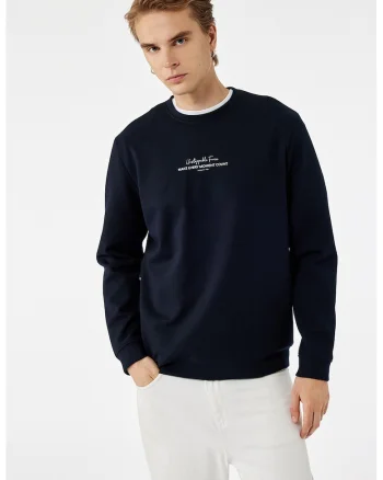 Bluza de trening din amestec de bumbac cu text, Bleumarin
