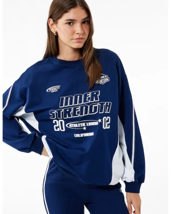 Bluza de trening cu imprimeu si maneci cazute, Bleumarin