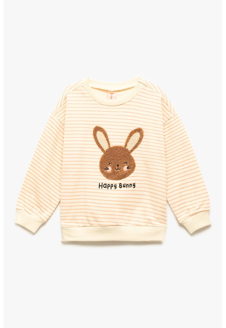 Bluza de trening cu dungi si aplicatie cu iepuri, Maro/Bej deschis