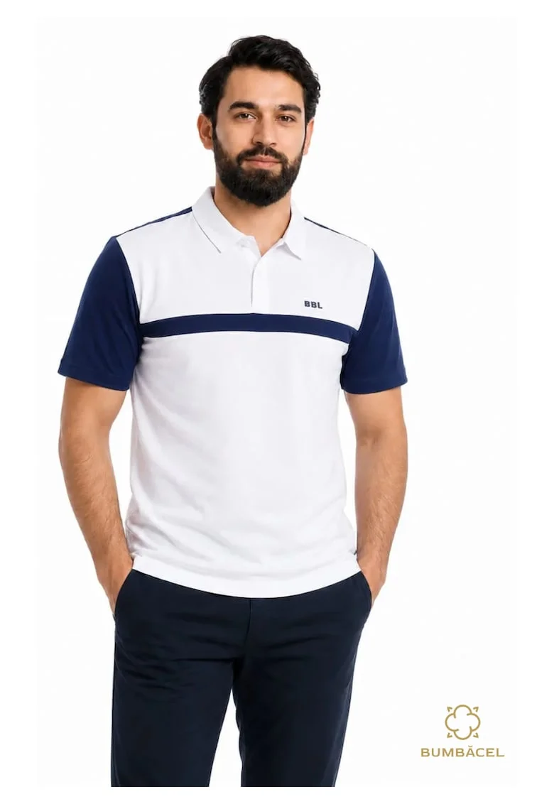 Tricou Polo barbati din bumbac, cu imprimeu, alb-albastru