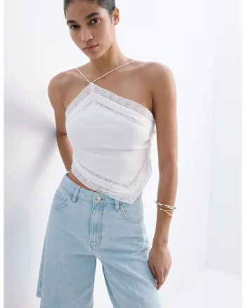 Pantaloni scurti din denim cu croiala dreapta si talie inalta, Albastru deschis