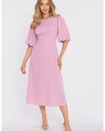 Rochie midi cu maneci bufante si decolteu in V,, Roz pudrat