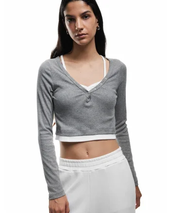 Bluza crop uni, Alb/Gri melange