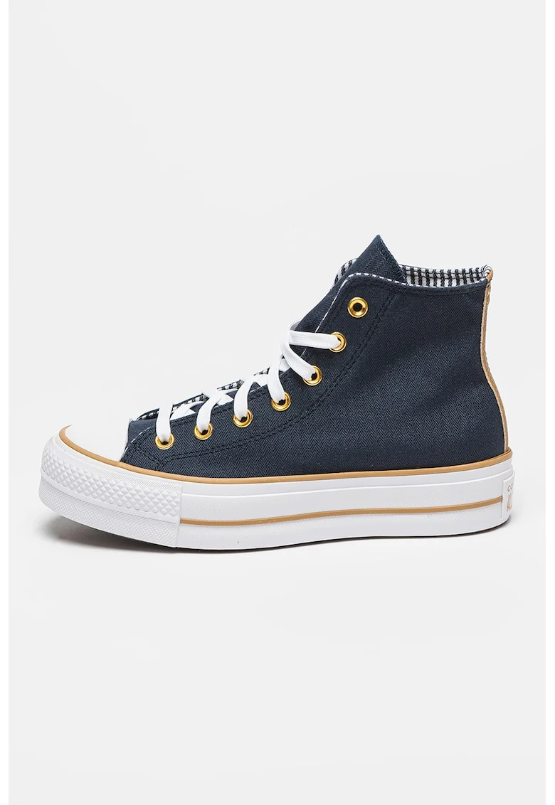 Tenisi cu plarforma si model cu dungi si herringbone Chuck Taylor All Star Lift, Auriu/Albastru ultramarin