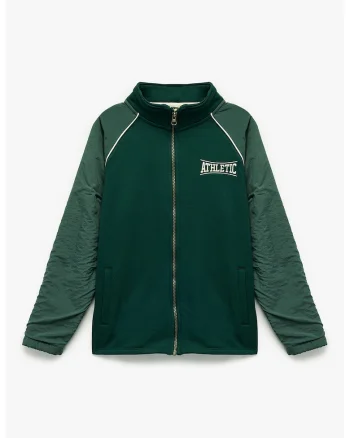 Bluza de trening cu design text si fermoar, Verde inchis