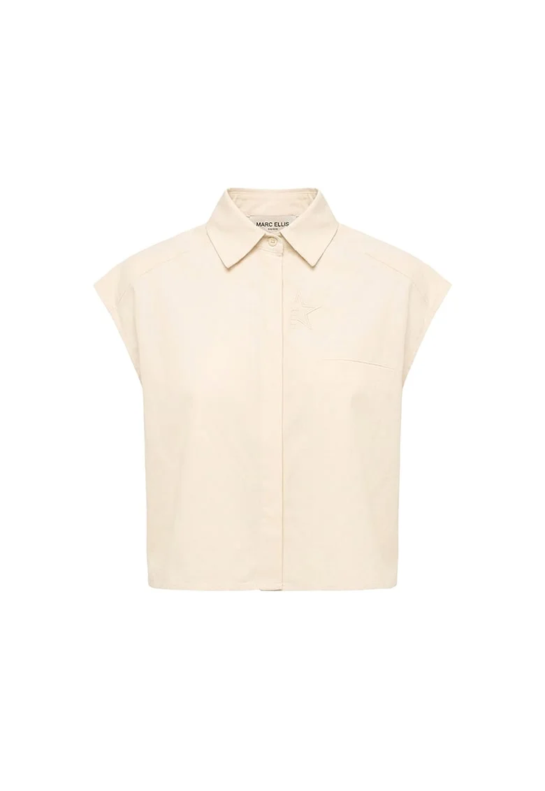 Camasa crop din amestec de in cu maneci scurte, Bej deschis