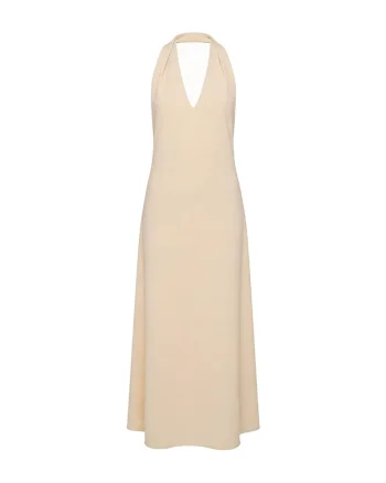 Rochie maxi din amestec de in cu decolteu halter si decupaj pe spate, Bej