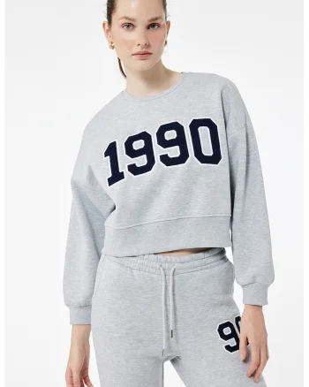 Bluza crop de trening cu aplicatie contrastanta, Gri deschis melange